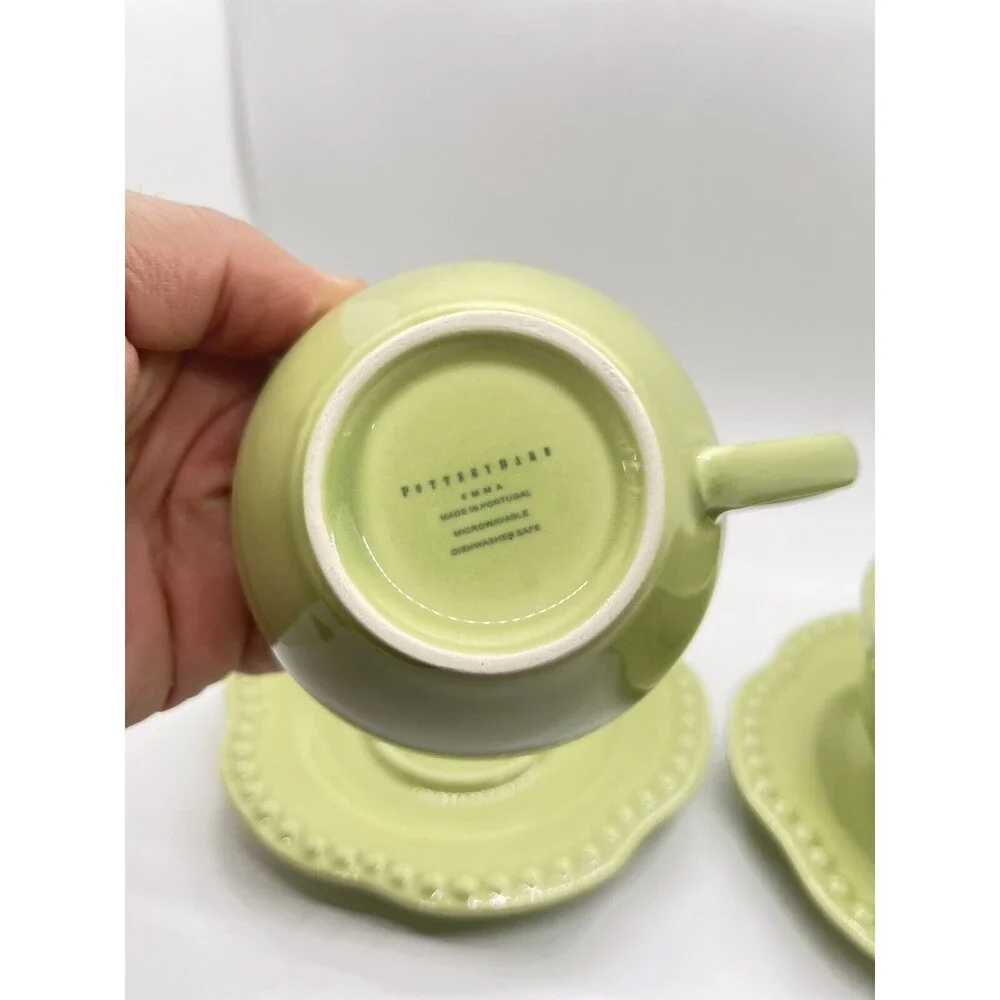 SET OF 2 POTTERY BARN EMMA GREEN BEADED CUP & SAUCER SETS PORTUGAL